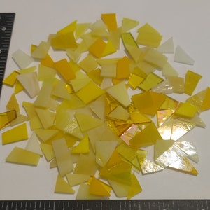 125 pieces of ASSORTED YELLOW streaky, iridescent, solid Cathedral Stained glass mix of cut pieces hand cut sizes ready to use supply mosaic