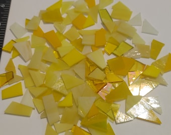 125 pieces of ASSORTED YELLOW streaky, iridescent, solid Cathedral Stain glass mix of cut pieces hand cut sizes ready to use supply mosaic