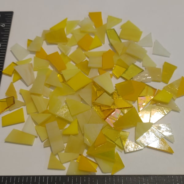 125 pieces of ASSORTED YELLOW streaky, iridescent, solid Cathedral Stain glass mix of cut pieces hand cut sizes ready to use supply mosaic