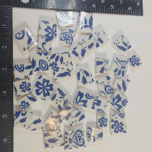 35 PIECES of ceramic china pieces hand cut assorted pretty pattern white and blue mosaic supply tiles pieces cut from china plates C-5