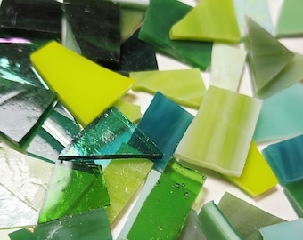 100 PIECES of cut ASSORTED ready-to-use GREEN mix streaky, iridescent solid opal-Stained glass mosaic cut supply mosaic tiles broken pieces