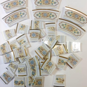 40 PIECES of ceramic China pieces hand cut assorted blue flowers with gold rim mosaic supply tiles broken pieces cut from China plate  C-11