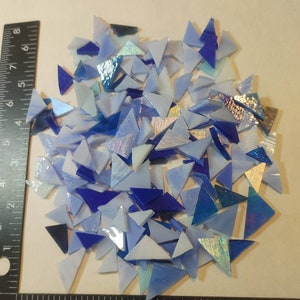 125 PIECES of BLUE TRIANGLES streaky,iridescent solid and Cathedral Stained glass hand cut ready-to-use assorted size mosaic  tiles crafting