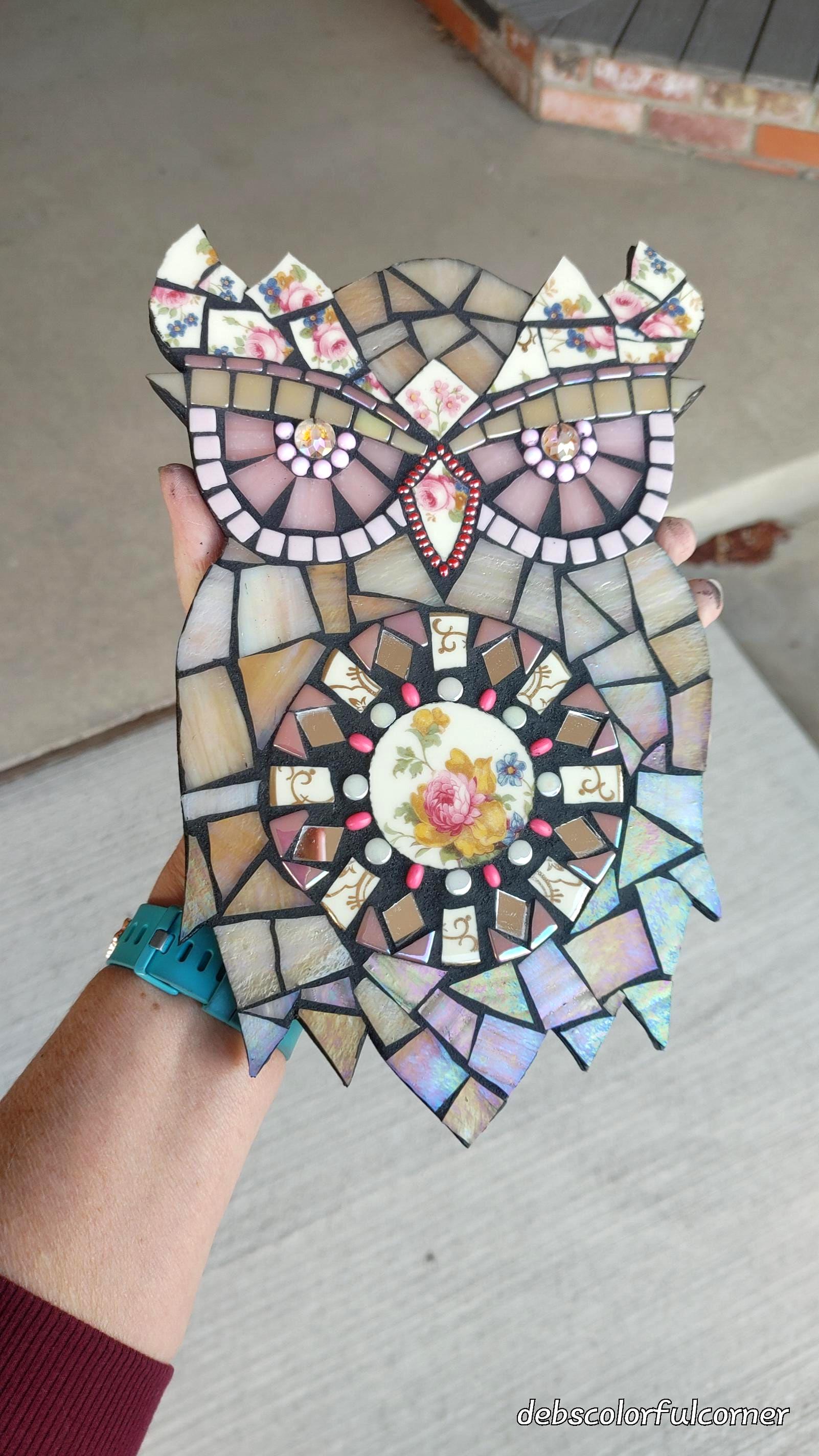 Stained Glass mosaic Owl mirror plaque ceramic diy ooak tattoo unique stained glass ceramic glass beads mirror hooter hoot bird O-30
