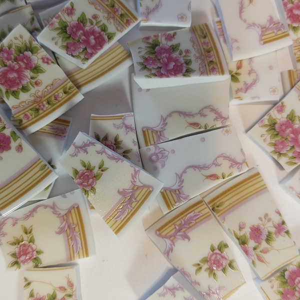 38 PIECES of ceramic china pieces hand cut assorted sizes pink flowers mosaic supply tiles pieces cut from china plate C-53