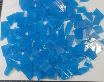 Medium sky blue 125 PIECES of ASSORTED hand cut pieces of new medium Sky Blue wispy Stained glass ready to use mosaic crafting supply tiles