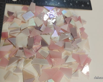 125 PIECES of ASSORTED cut ready-to-use mix of hand cut pink/lavender streaky,iridescent,solid Cathedral Stained glass mosaic crafting tiles