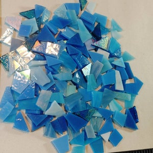 125 PIECES of blue/ocean mix colors of stained glass ASSORTED cut pieces and sizes ready-to-use hand cut mosaic crafting supply project tile