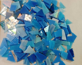 125 PIECES of blue/ocean mix colors of stained glass ASSORTED cut pieces and sizes ready-to-use hand cut mosaic crafting supply project tile