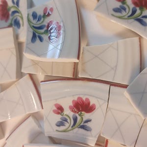 May include: Scattered fragments of a white ceramic object with a floral design. Each piece features a red and blue floral motif, with a geometric pattern and a red border. The pieces are broken, suggesting a craft or repair project.