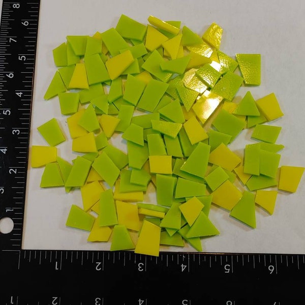 125 PIECES of ASSORTED SOLID color lemongrass green and solid brite yellow mix Stained glass ready- to-use handcut mosaic supply tiles