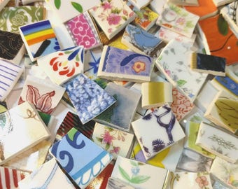100 PIECES of ceramic fine china random, assorted pieces hand cut ready-to-use nice sized cute designs mosaic supply tiles pieces cut