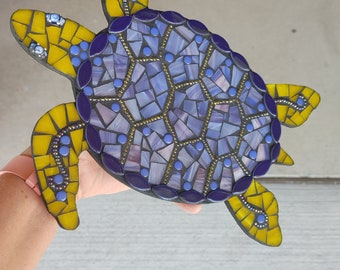 Sea turtle Mosaic with glass bead eyes gift wall hanging plaque art stained glass ocean art tortoise wall decor S-44