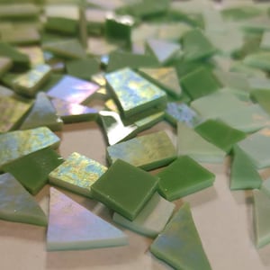 115 PIECES of My ASSORTED hand cut light and Medium colored Olive green ready-to -use solid and iridescent Stained glass mosaic supply tiles