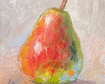 Original Hand Painted Oil On Canvas Board Still-life Miniature Small Oil Painting With Red Pear Ideal Gift For Her