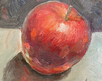 Original Hand Painted Oil On Canvas Board Miniature Still Life, Small Painting With Red Apple Home Decor Wall Art Best Friend Gift