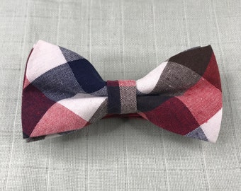 Brown white blue and red checkered cotton bow tie 6/12 cm