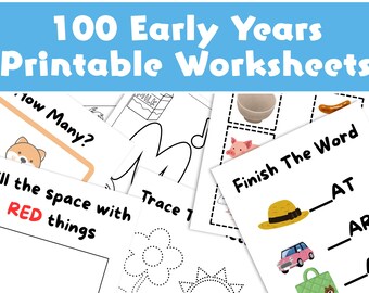 100 hojas de trabajo imprimibles para niños pequeños / Actividades de aprendizaje preescolar / Alfabeto, colores, conteo y ortografía / Paquete educativo imprimible