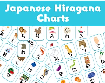 Tabla de hiragana japonés con lindas ilustraciones kawaii / Aprende hiragana para niños y principiantes