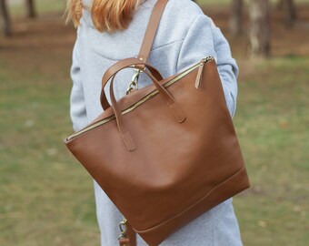 Leather backpack women, convertible backpack tote, brown leather tote with zipper, backpack purse