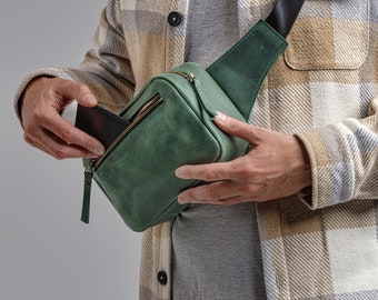 Mens leather crossbody fanny pack bag for phone, one of a kind mens leather chest bag, 3rd anniversary leather gift for husband