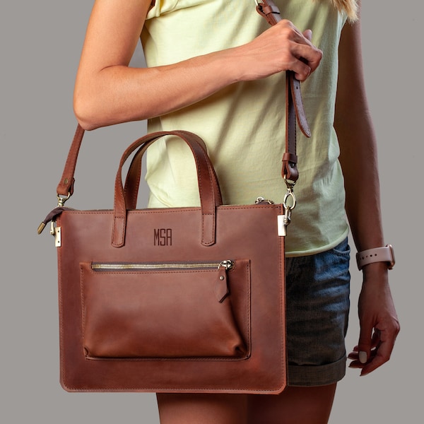 Mens leather laptop bag with shoulder strap and monogram, Personalized leather Macbook Air 13 sleeve for man, Best anniversary gifts for him