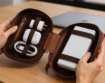 Organizador de tecnología de cuero Crazy Horse hecho a mano: bolsa portátil para cables