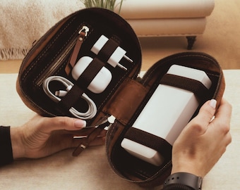 Handcrafted Crazy Horse Leather Tech Organizer: Travel Cable Case