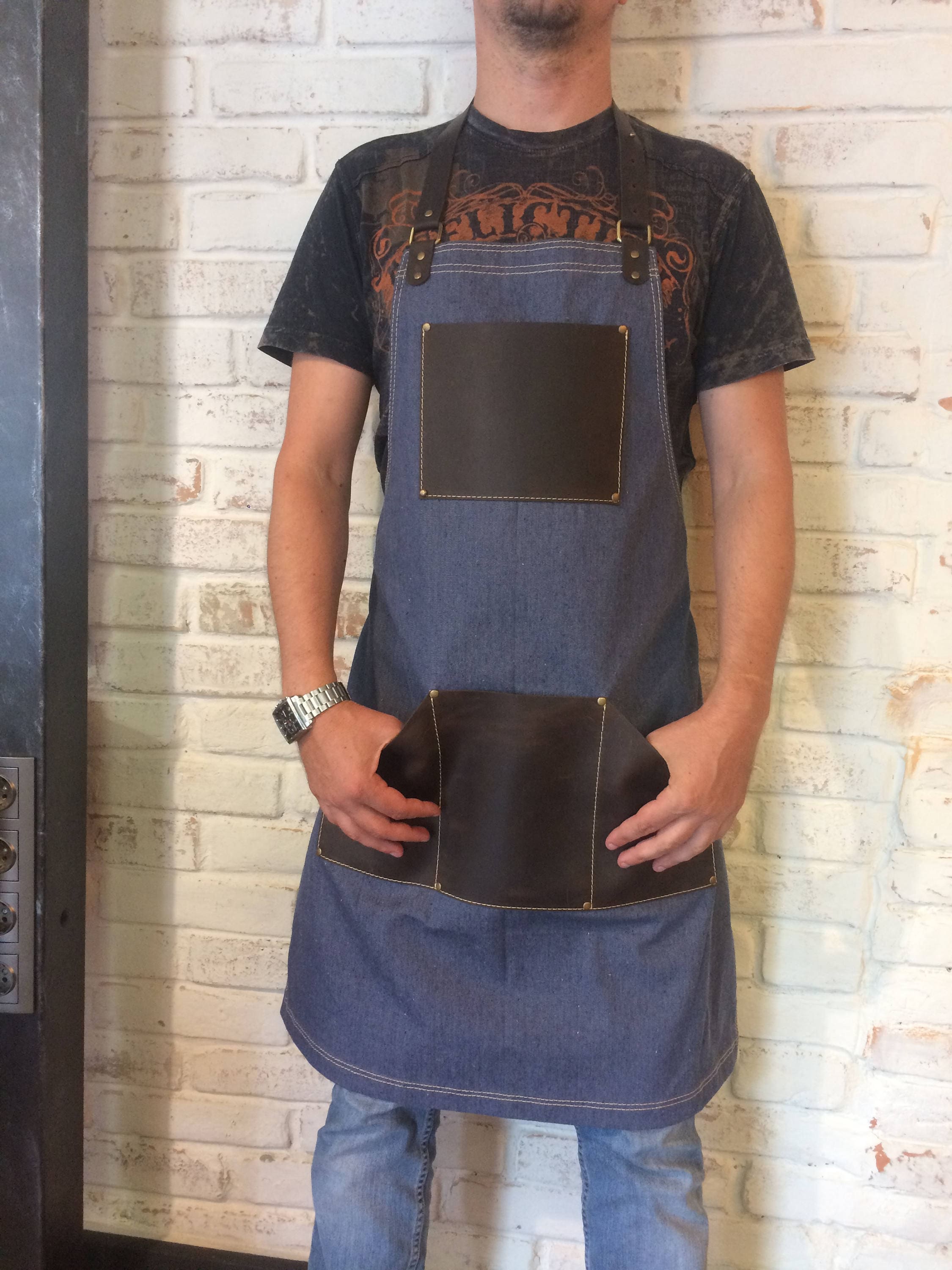 Denim and leather apron men's canvas apron leather Etsy