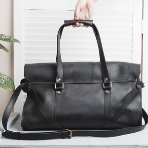 Weekender leather bag, duffle black handbag, travel leather bag, men's weekend bag, overnight leather gym bag, personalized leather bag image 4