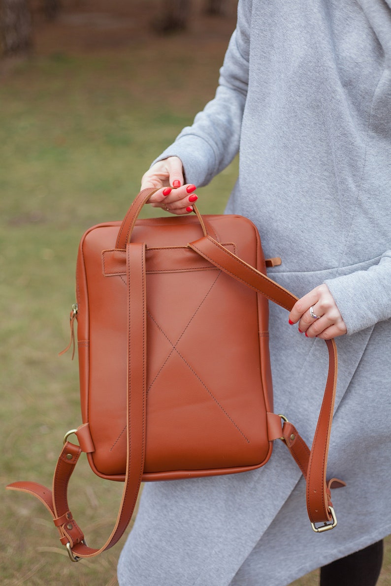 Leather laptop backpack brown college backpack slim laptop Etsy