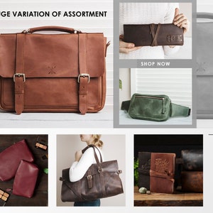 K&ouml;nnte beinhalten: Eine Sammlung von Ledertaschen und Accessoires in verschiedenen Stilen und Farben. Die Taschen umfassen eine braune Aktentasche, eine gr&uuml;ne Bauchtasche, eine braune Tragetasche und ein braunes Ledertagebuch. Das Zubeh&ouml;r umfasst eine braune Ledergeldb&ouml;rse und eine rote Lederh&uuml;lle.