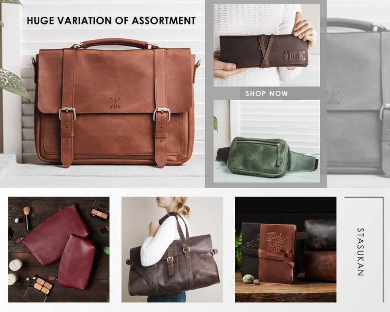K&ouml;nnte beinhalten: Eine Sammlung von Ledertaschen und Accessoires in verschiedenen Stilen und Farben. Die Taschen umfassen eine braune Aktentasche, eine gr&uuml;ne Bauchtasche, eine braune Tragetasche und ein braunes Ledertagebuch. Das Zubeh&ouml;r umfasst eine braune Ledergeldb&ouml;rse und eine rote Lederh&uuml;lle.