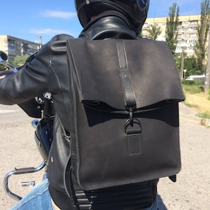 Black leather motorcycle backpack for men Custom leather backpack gift for motorcyclist or biker leather backpack purse