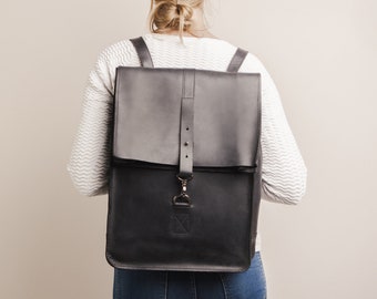 Black leather laptop backpack womens large leather backpack, birthday gift for daughter, Computer backpack rucksack with laptop compartment