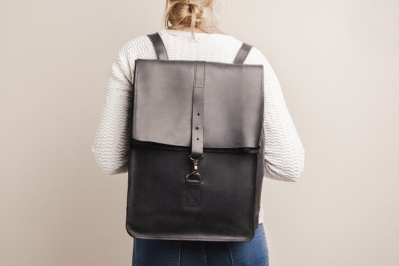 Black leather computer backpack deals