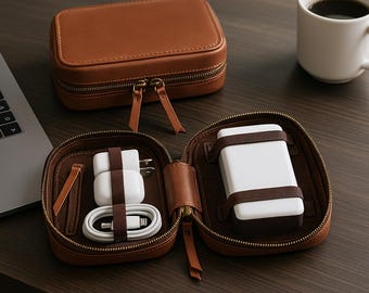 Handmade Crazy Horse Leather Tech Organizer: Travel Cable & Charger Case