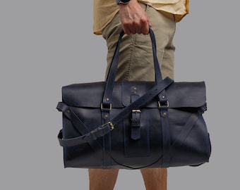Monogrammed Black Leather Duffle Bag: Travel Weekender with Strap