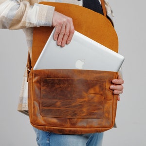 Sac messager pour ordinateur portable en cuir rustique avec bandoulière, sac d'étude personnalisé pour étudiant, cadeau de rentrée pour fils, sac pour ordinateur portable en cuir