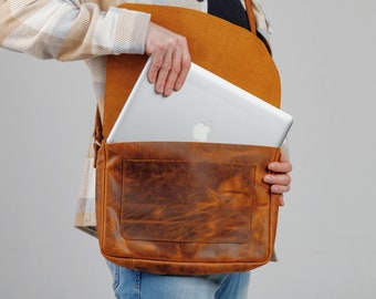 Rustic Leather Laptop Messenger Bag: Personalized Student Satchel
