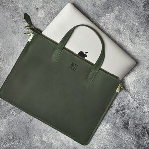 Housse pour ordinateur portable en cuir vert avec poignées, Housse pour ordinateur personnalisée pour étudiant, Porte-documents mince pour ordinateur portable pour homme