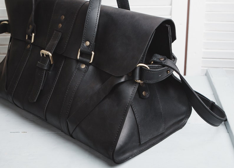 Weekender leather bag, duffle black handbag, travel leather bag, men's weekend bag, overnight leather gym bag, personalized leather bag image 9