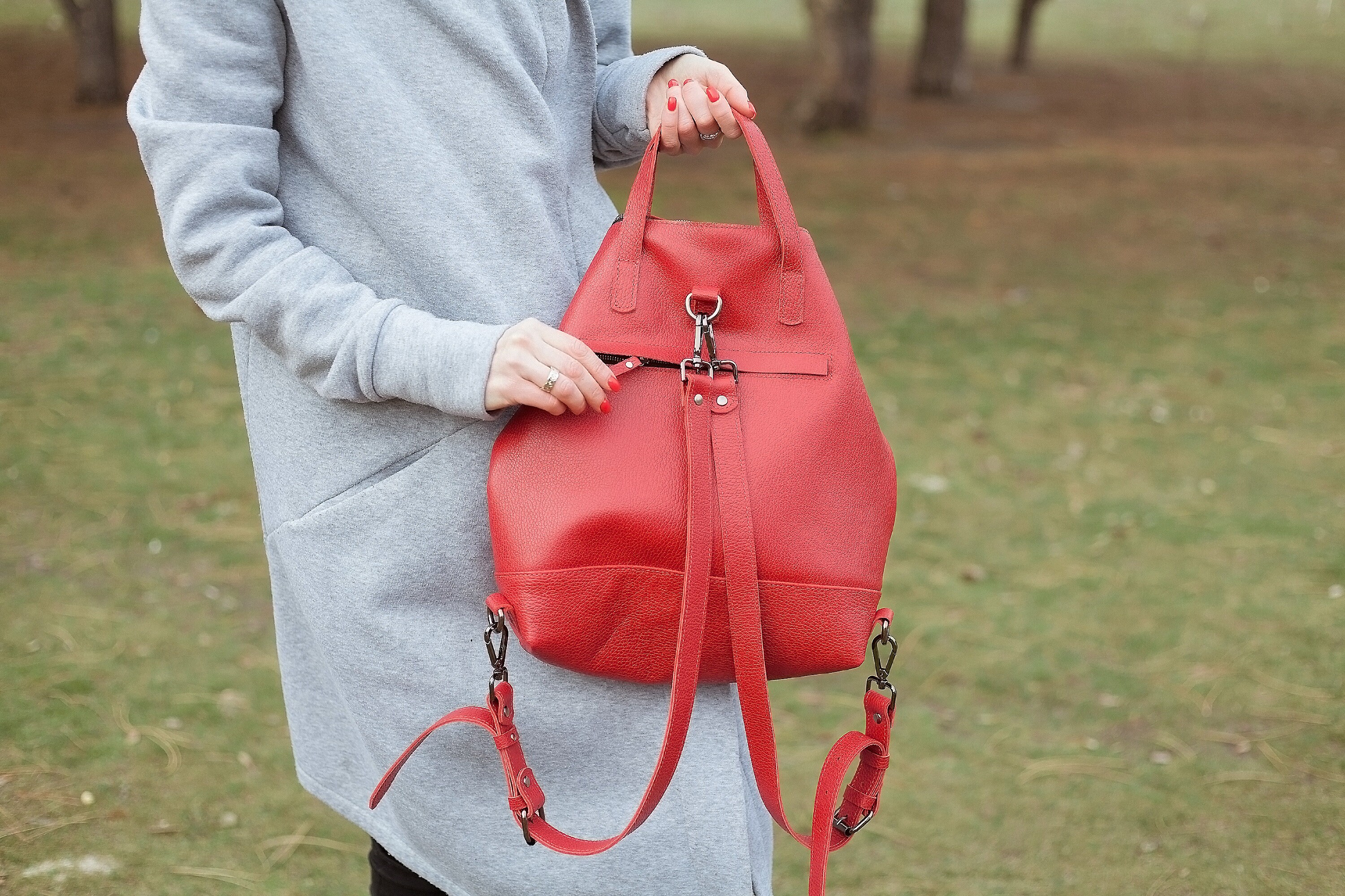 Red leather convertible backpack removable straps zipped Etsy