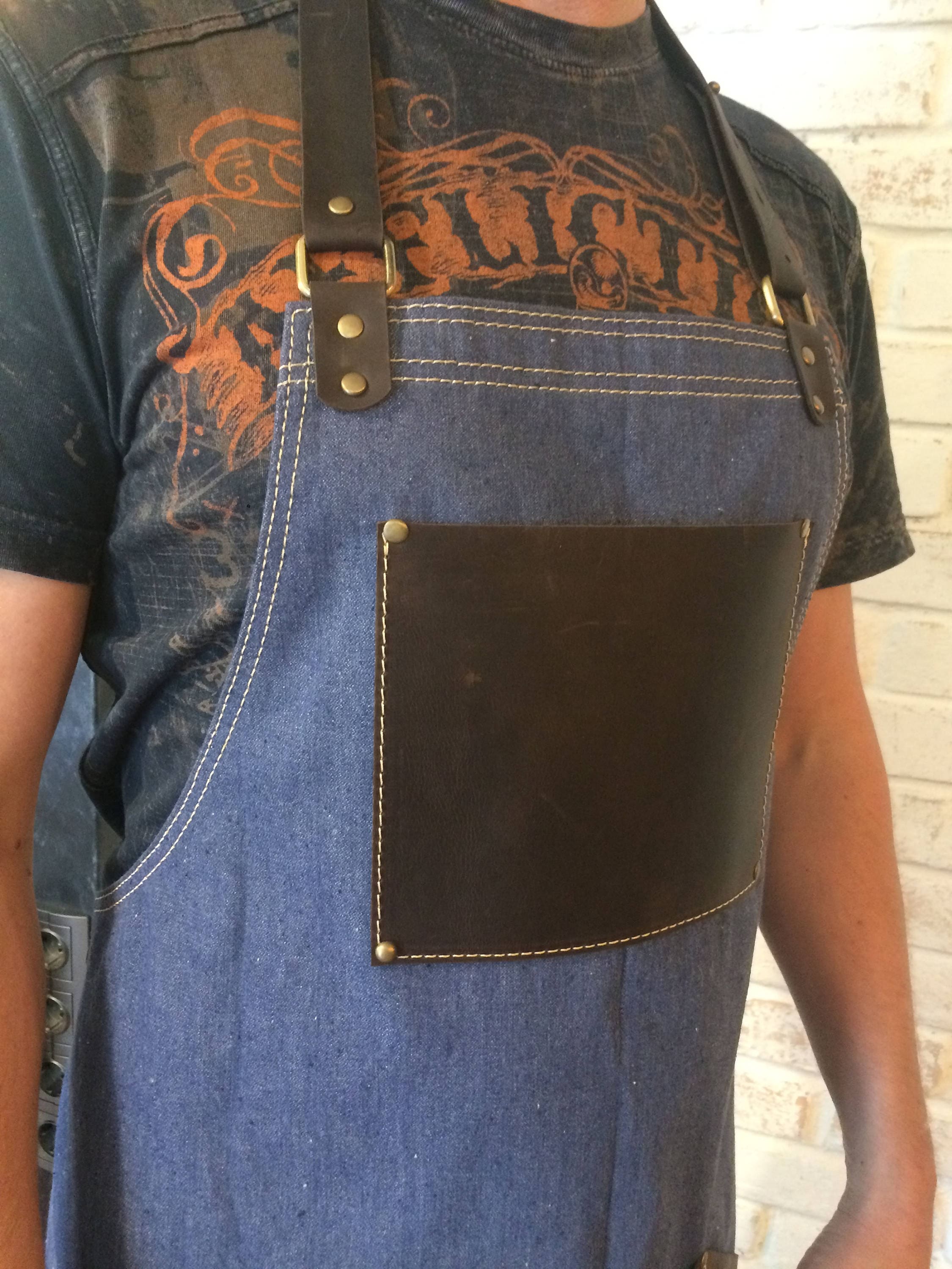 Denim and leather apron men's canvas apron leather Etsy