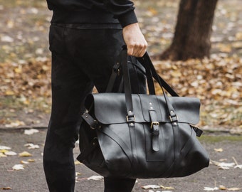 Handmade Black Leather Weekender Bag: Personalized Travel Duffle