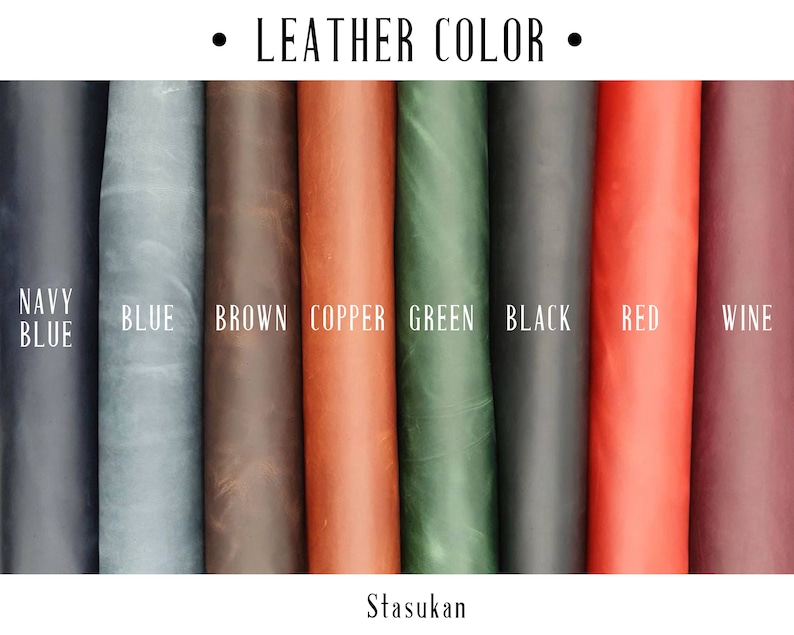 Op de afbeelding: Een kleurenkaart met leer in marineblauw, blauw, bruin, koper, groen, zwart, rood en wijnrood. De tekst "Leather Color" staat bovenaan en de naam "Stasukan" onderaan.