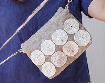 Crossbody bag Linen bag Messenger bag Linen bag zipper Bag Shoulder bag Linen bag decorated with circles Gifts for Her