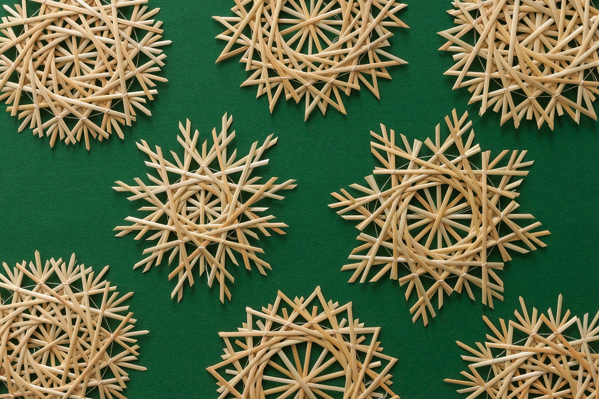 Straw Snowflakes. Set of Christmas Decorations. Christmas Tree