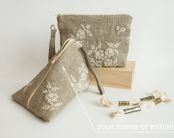 Wedding emergency bag. Embroidery makeup bag. Linen personalized wristlet bag. Linen zipped pouch. Clutches