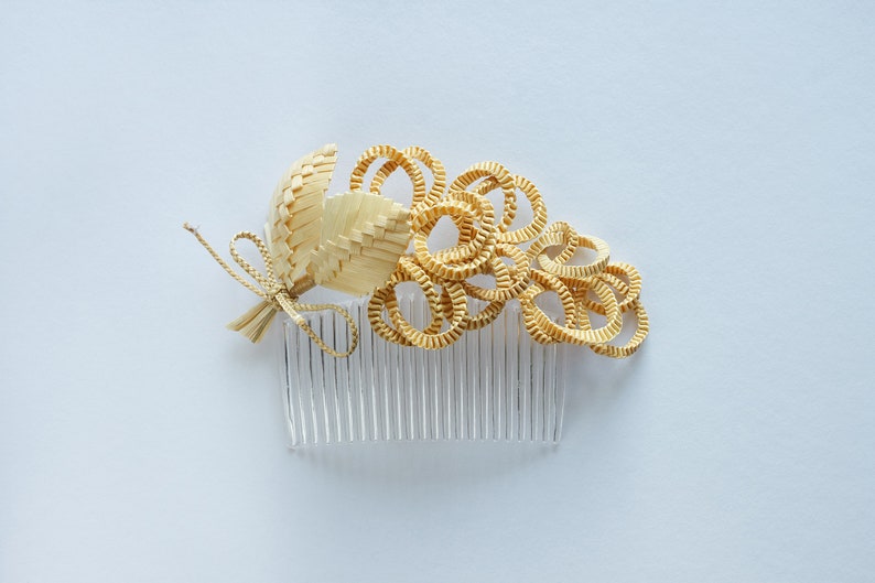 Ornamental comb with straw flower Original handmade combs Hair decoration image 2